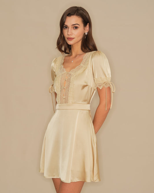 Apricot V Neck Lace Satin Mini Dress