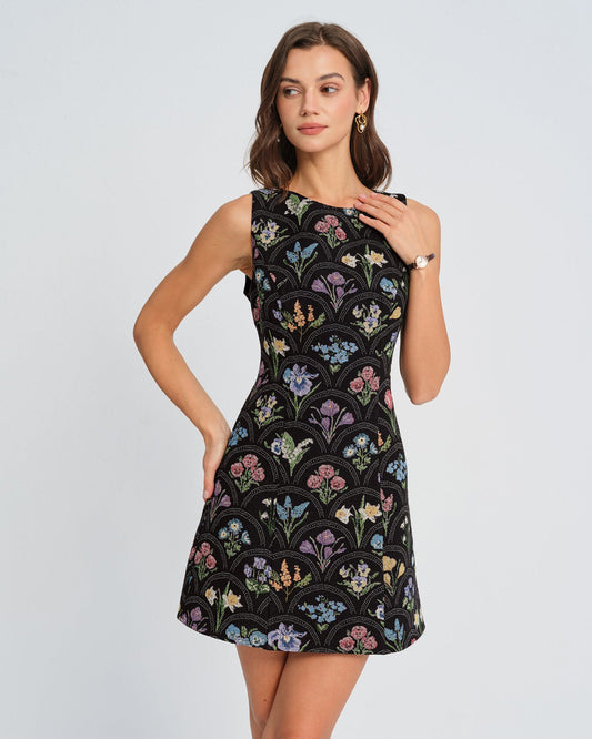 Black Floral Boat Neck Mini Dress