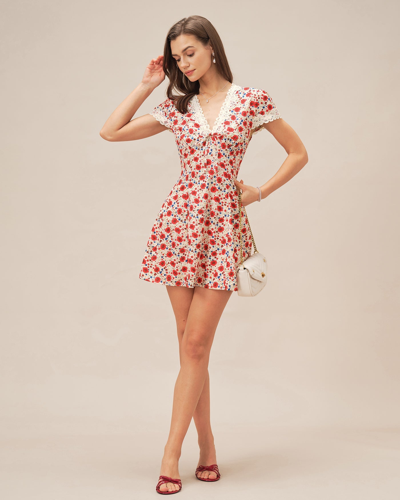 Red V Neck Floral Lace Mini Dress