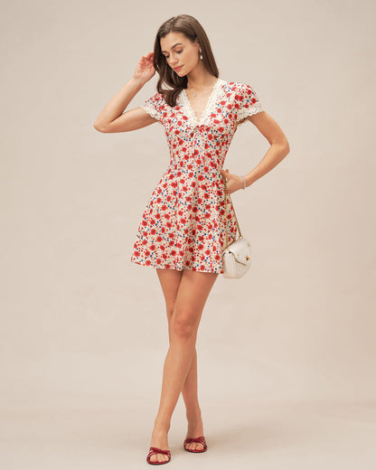 Red V Neck Floral Lace Mini Dress
