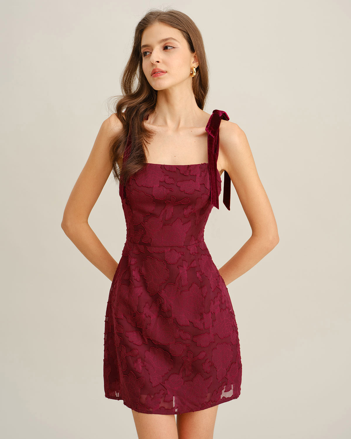 Wine Red Floral Tie Strap Mini Dress