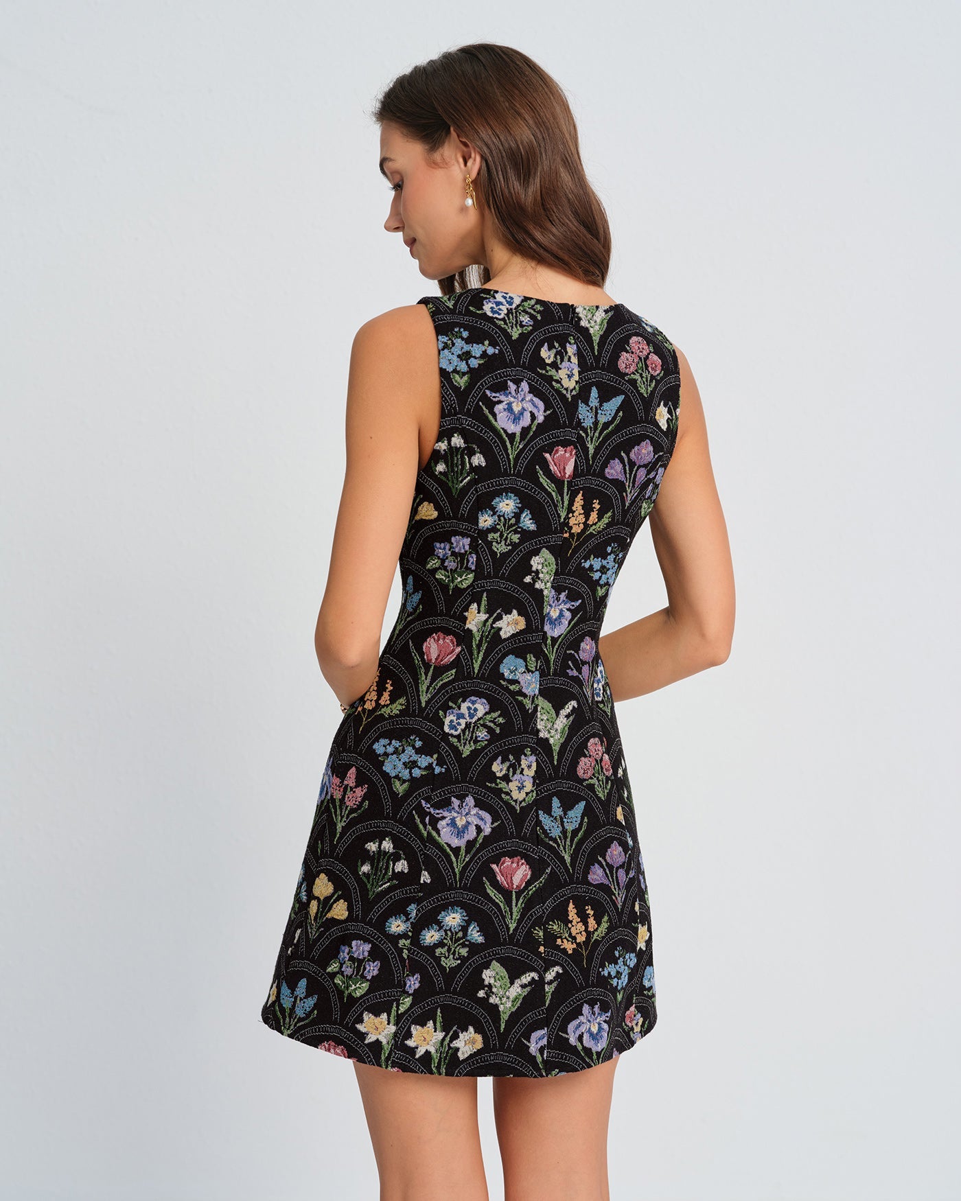Black Floral Boat Neck Mini Dress