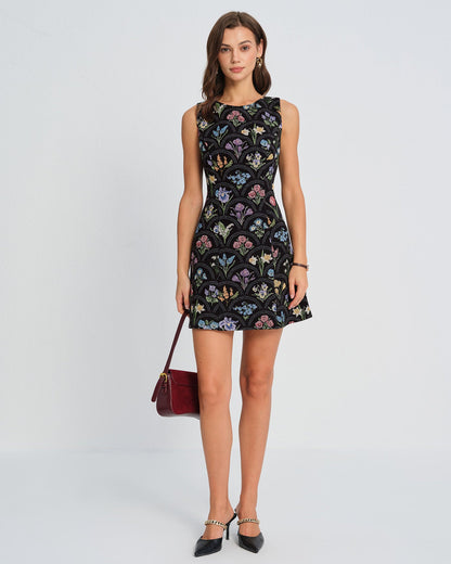 Black Floral Boat Neck Mini Dress