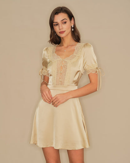 Apricot V Neck Lace Satin Mini Dress