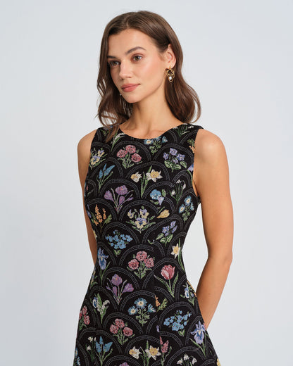 Black Floral Boat Neck Mini Dress