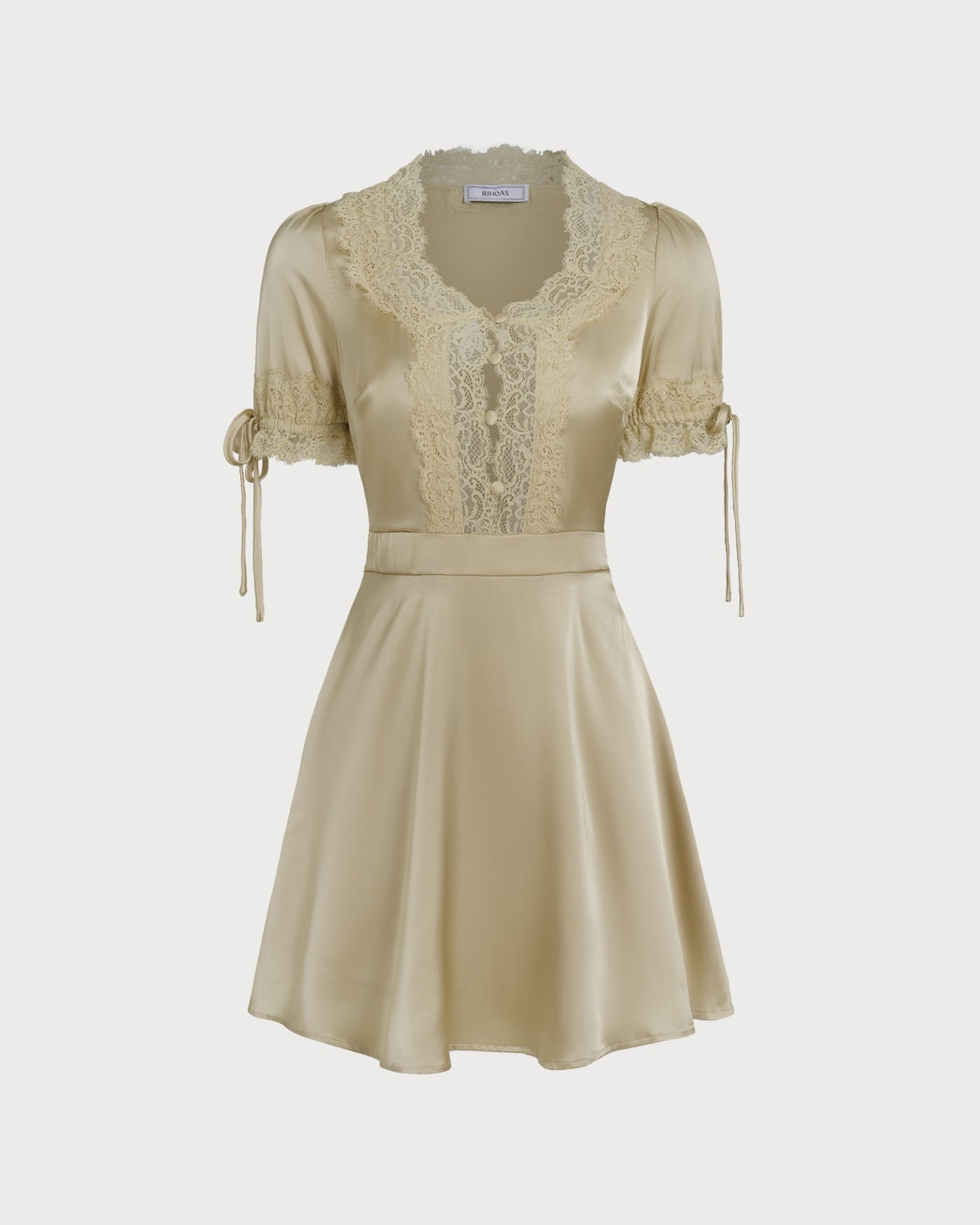 Apricot V Neck Lace Satin Mini Dress