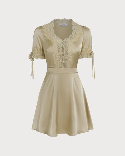 Apricot V Neck Lace Satin Mini Dress
