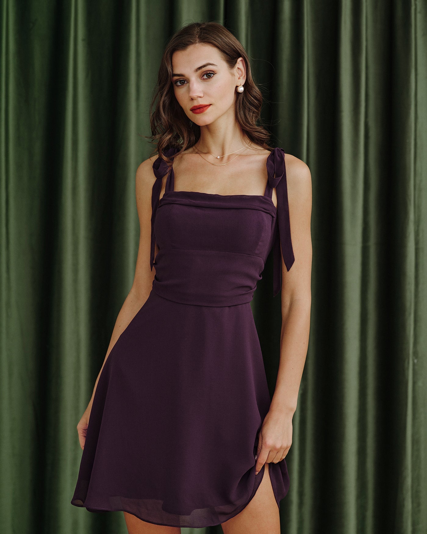Purple Tie Strap Chiffon Mini Dress