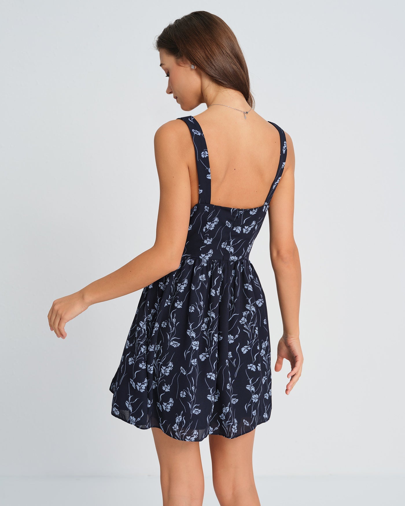 Navy Sweetheart Neck Floral Mini Dress