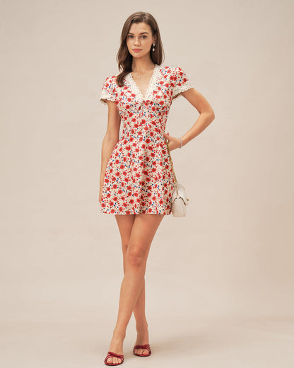 Red V Neck Floral Lace Mini Dress
