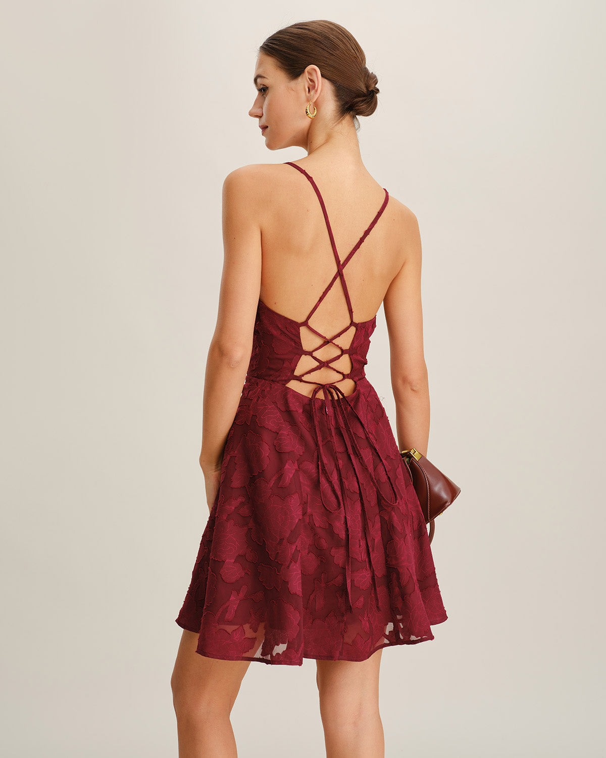 Wine Red Floral Backless Slip Mini Dress