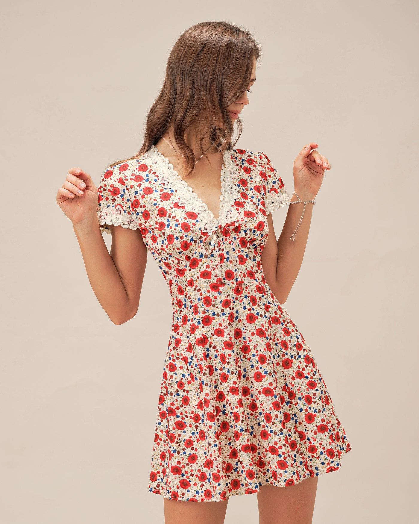 Red V Neck Floral Lace Mini Dress