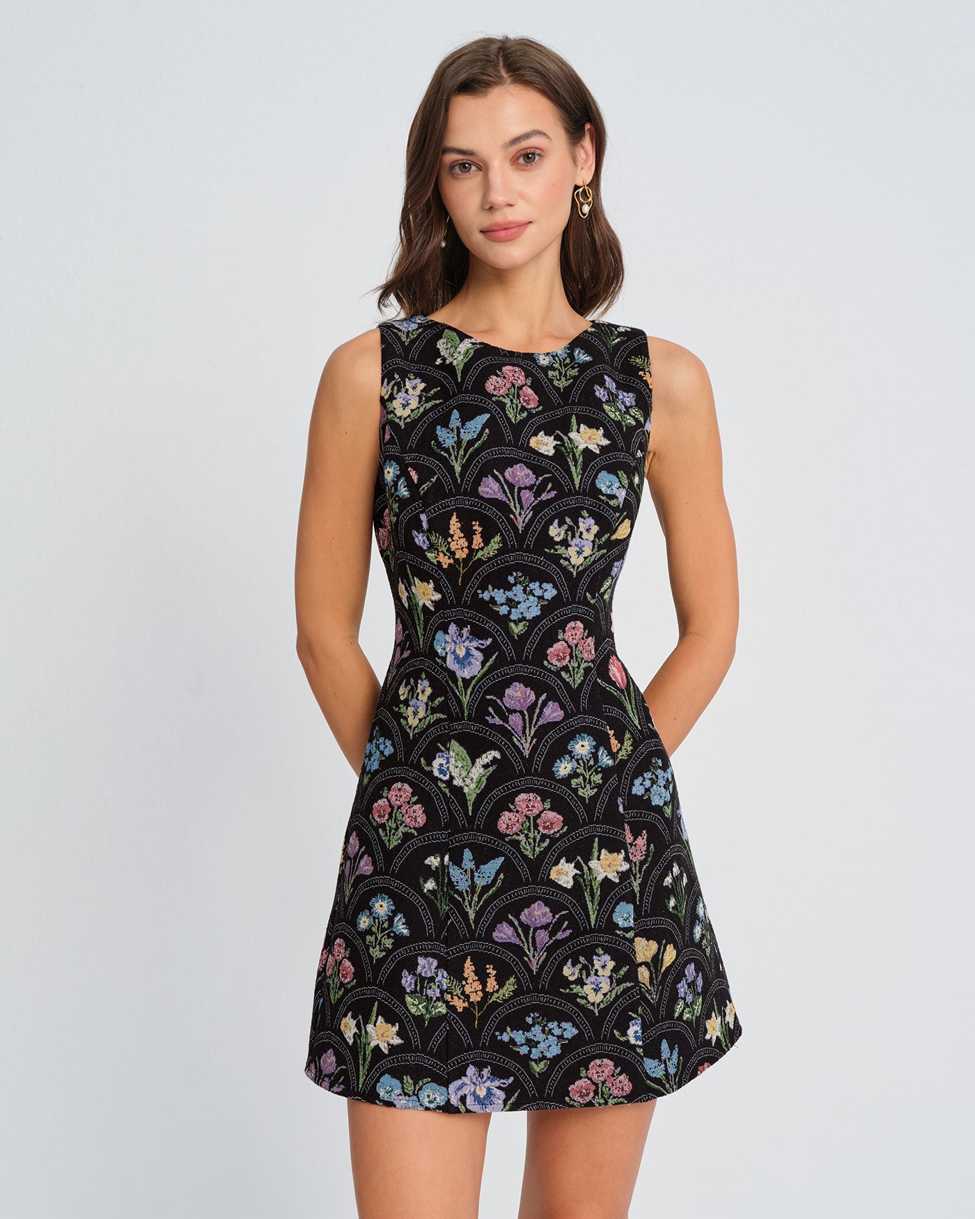 Black Floral Boat Neck Mini Dress