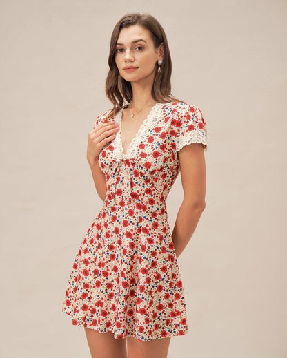 Red V Neck Floral Lace Mini Dress
