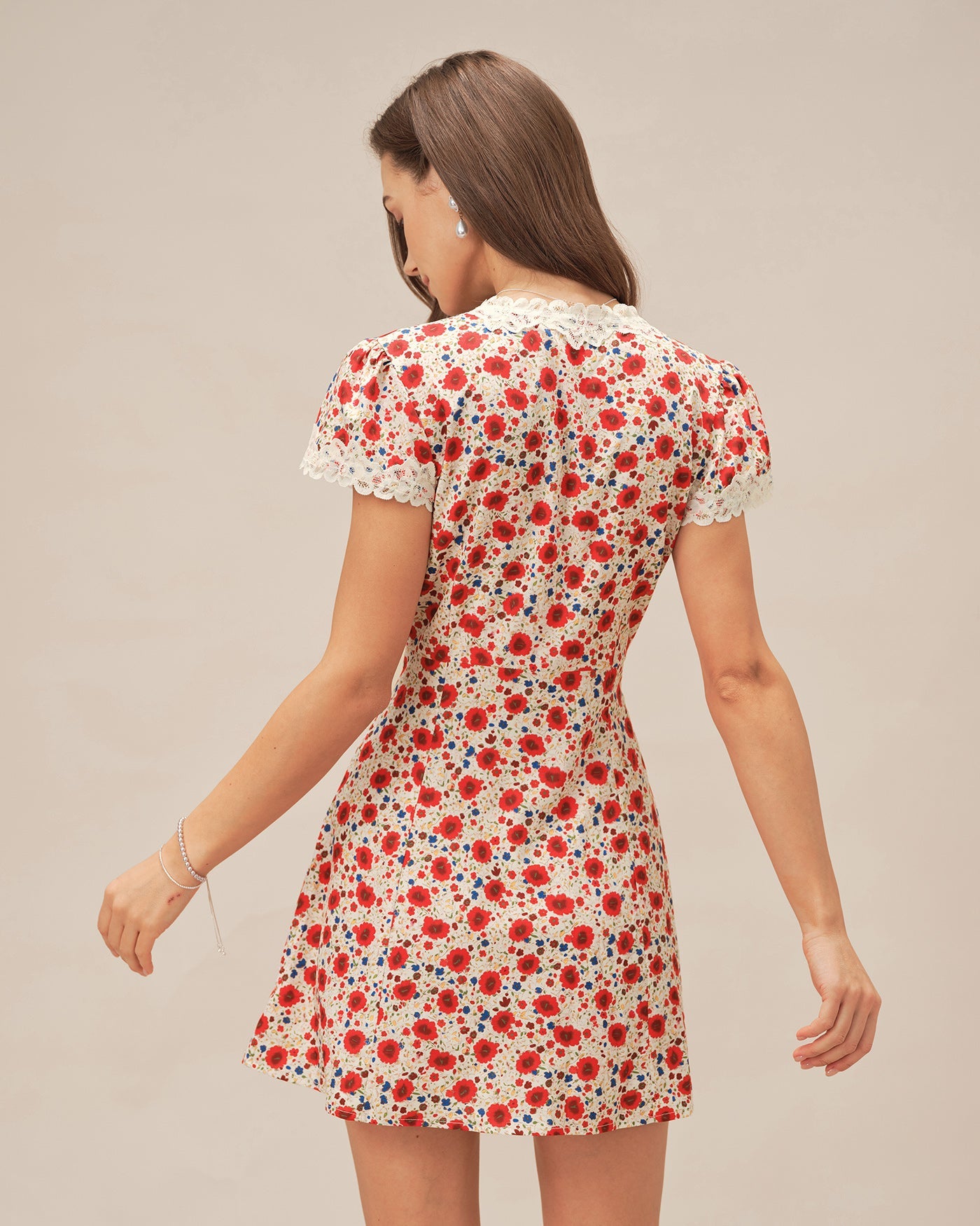 Red V Neck Floral Lace Mini Dress