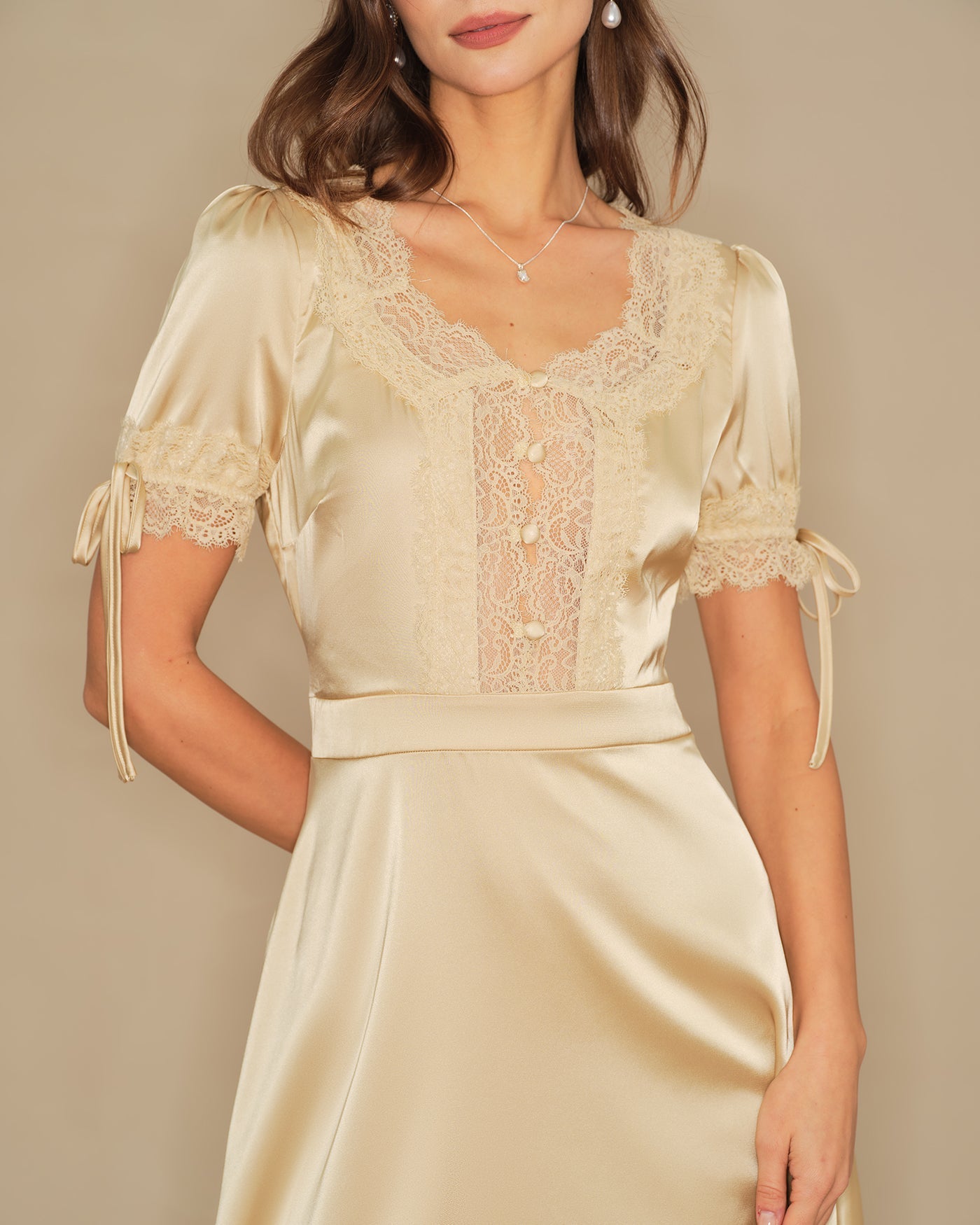 Apricot V Neck Lace Satin Mini Dress