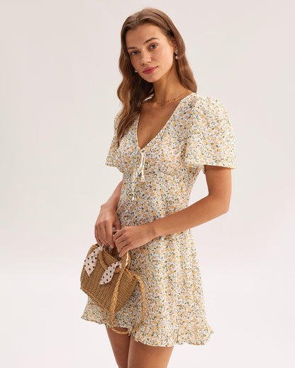 Yellow Floral V-Neck Mini Dress