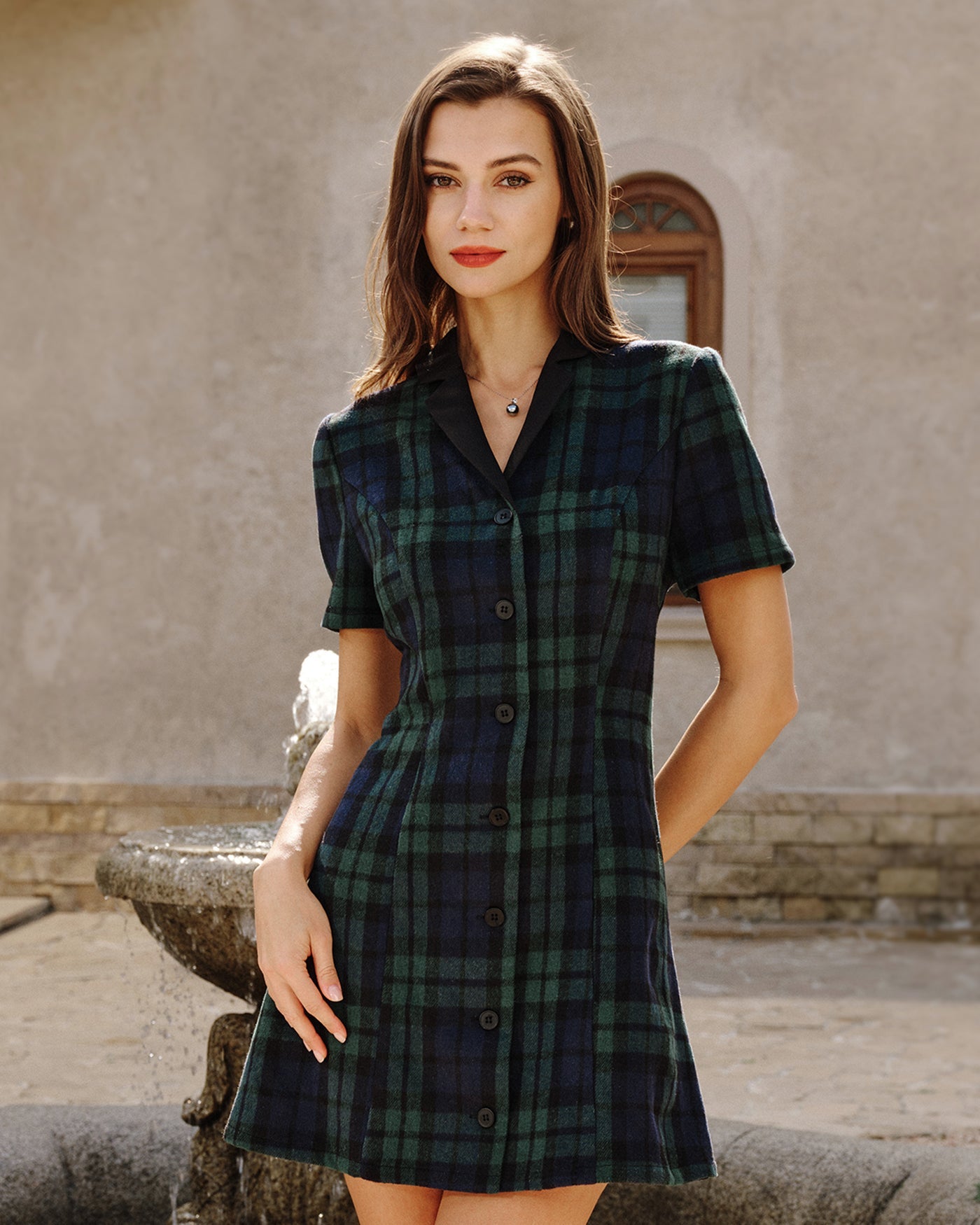 Green Plaid Collar Mini Dress