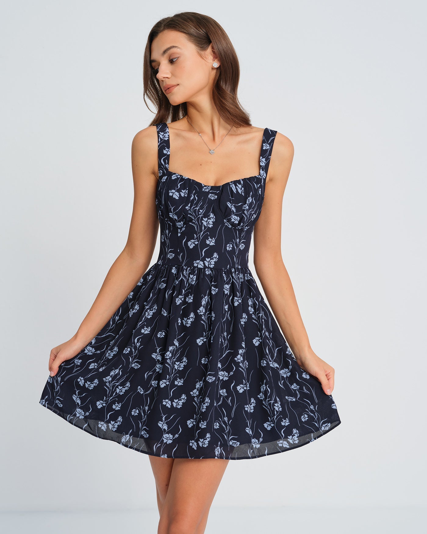 Navy Sweetheart Neck Floral Mini Dress
