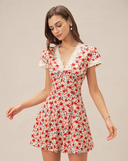 Red V Neck Floral Lace Mini Dress