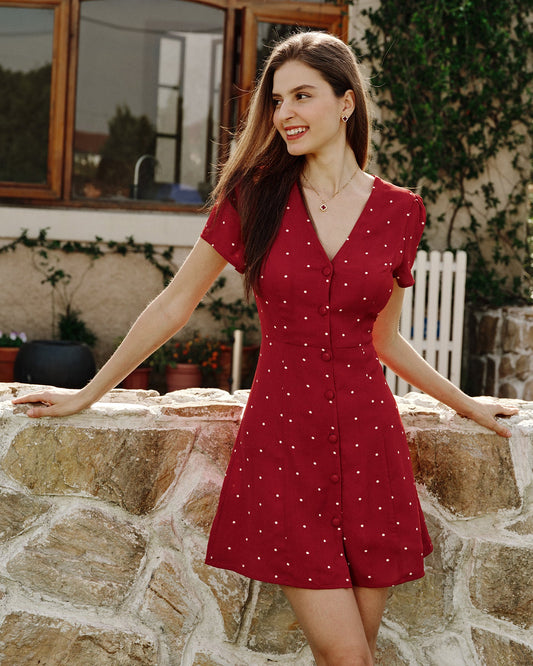 Wine Red V Neck Polka Dot Mini Dress