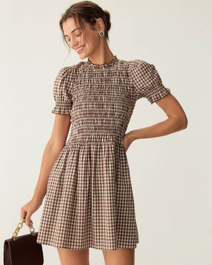Coffee Gingham Puffed Sleeve Mini Dress