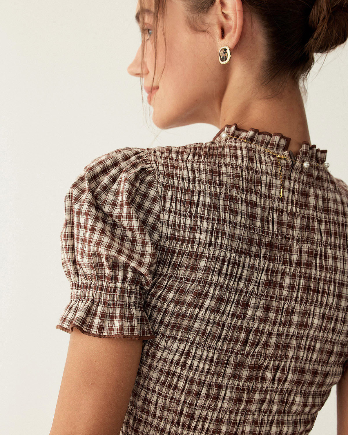 Coffee Gingham Puffed Sleeve Mini Dress