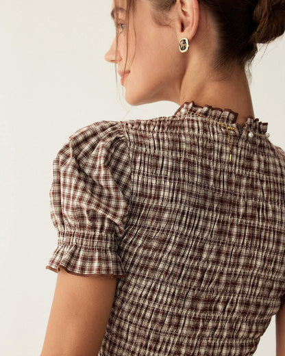 Coffee Gingham Puffed Sleeve Mini Dress