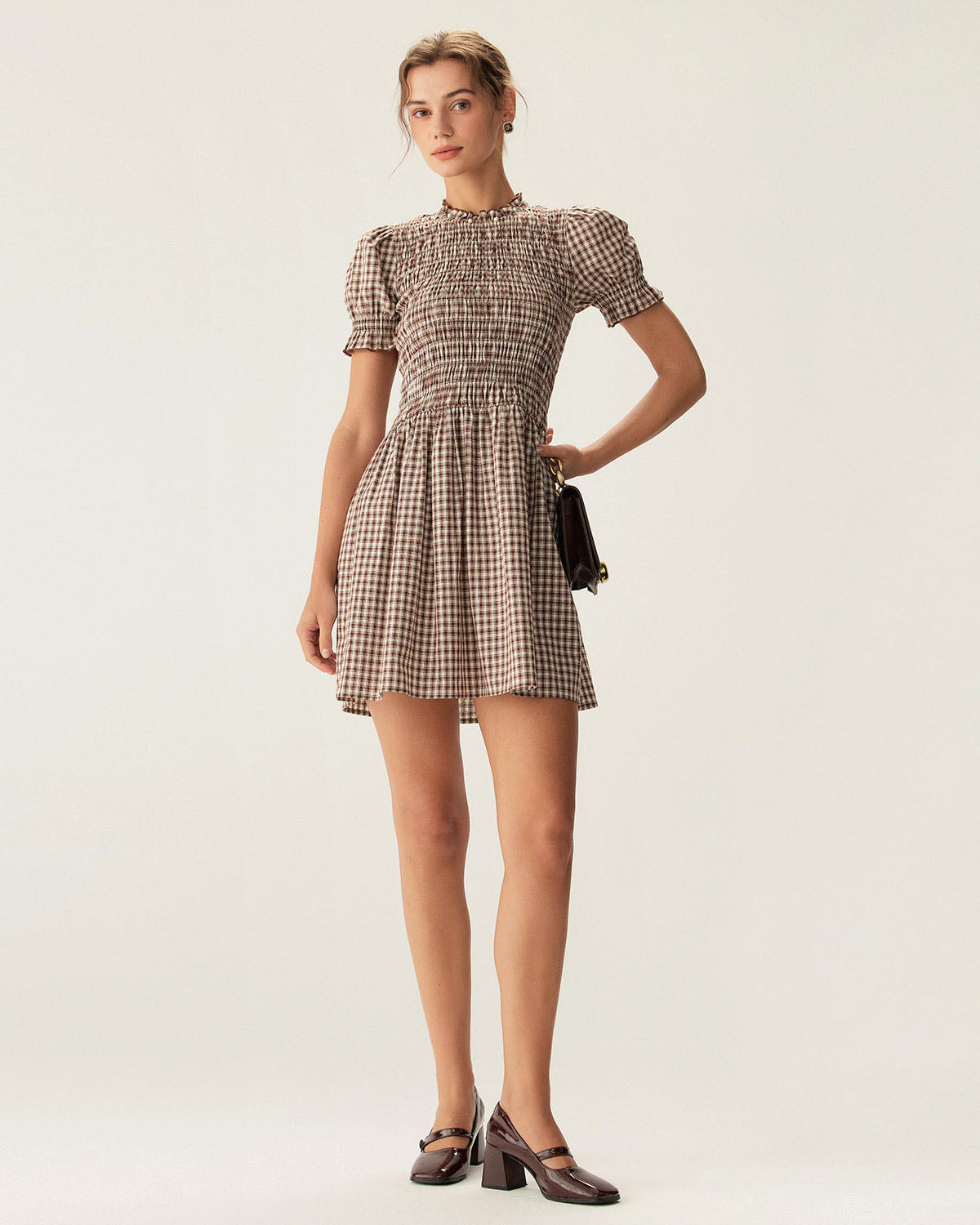Coffee Gingham Puffed Sleeve Mini Dress
