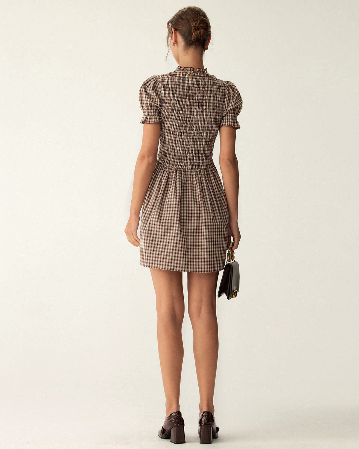 Coffee Gingham Puffed Sleeve Mini Dress