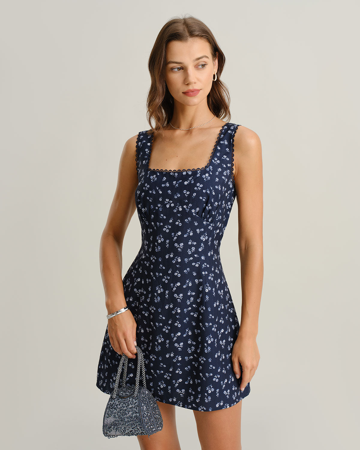 Navy Floral Square Neck Slip Mini Dress