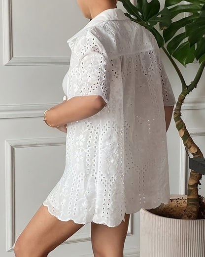 White Floral Collar Two-Piece Set