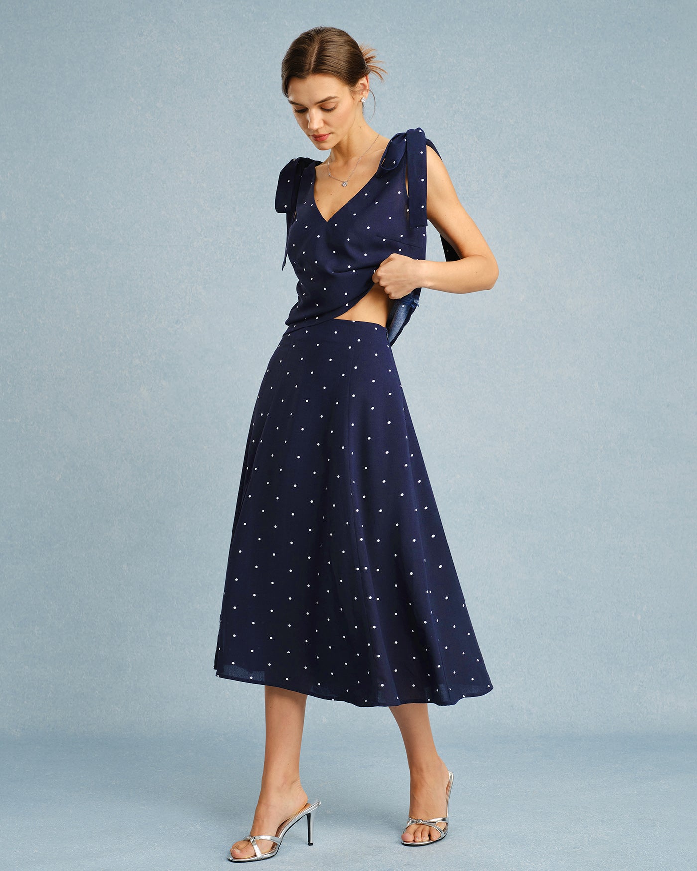 Navy Polka Dot Slit Midi Skirt