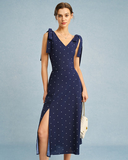 Navy Polka Dot Slit Midi Skirt