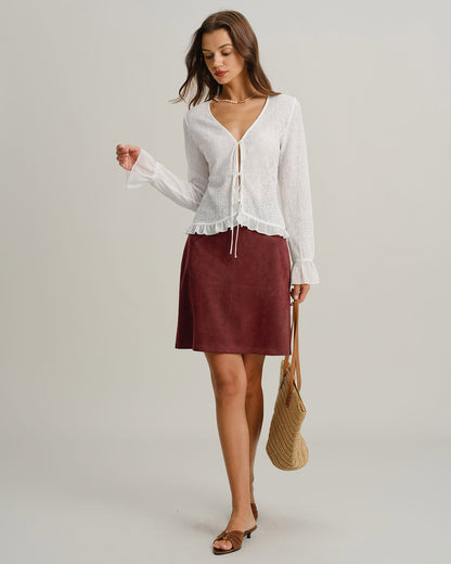 Red Suede Straight Slit Mini Skirt