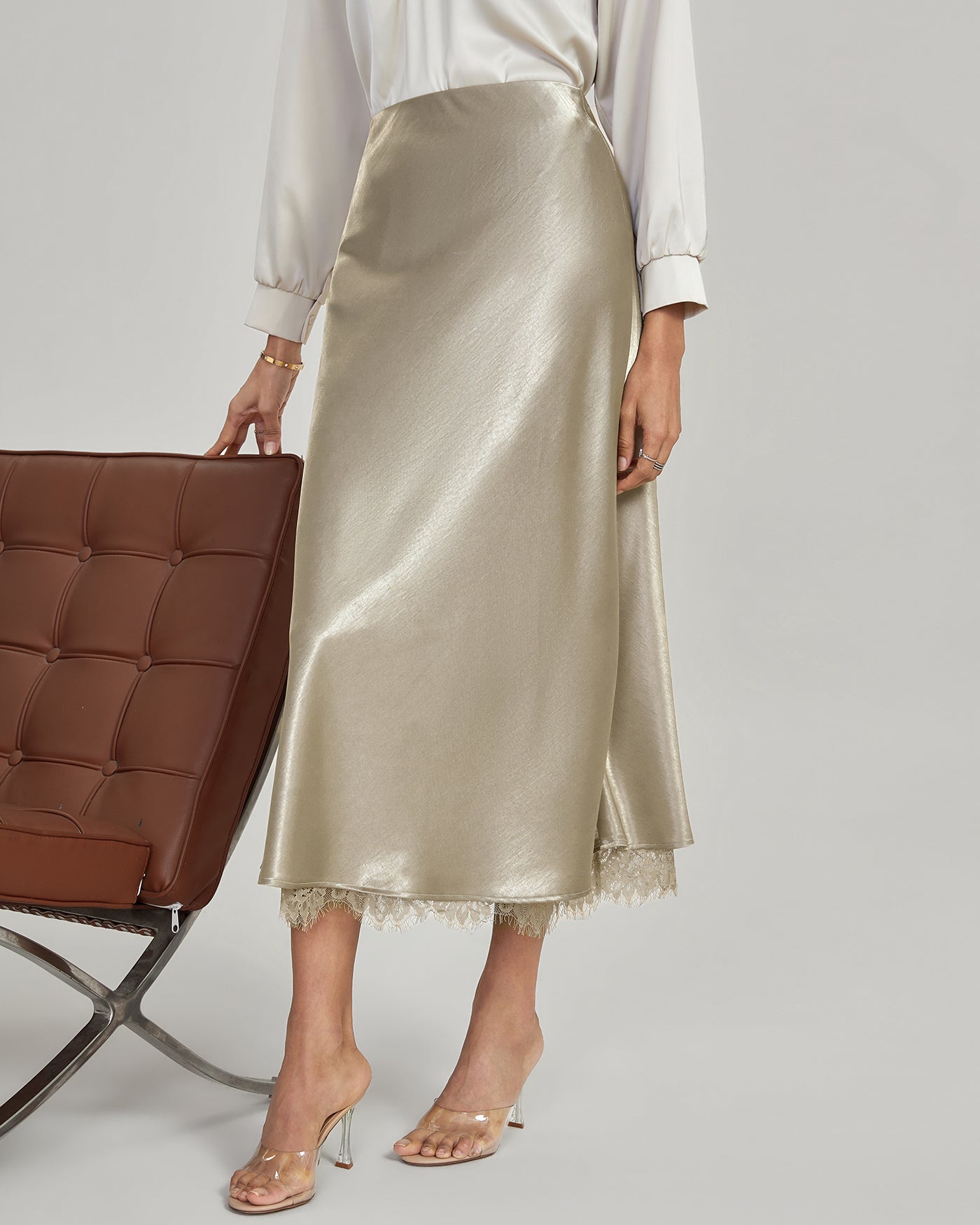 Apricot Elastic Waist Midi Skirt