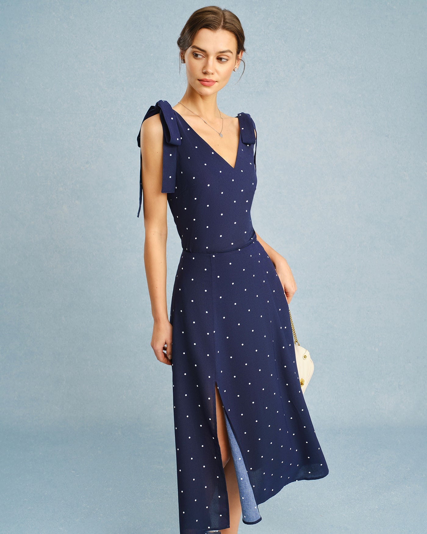 Navy Polka Dot Slit Midi Skirt