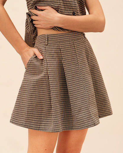 Brown Plaid Ruched Skirt