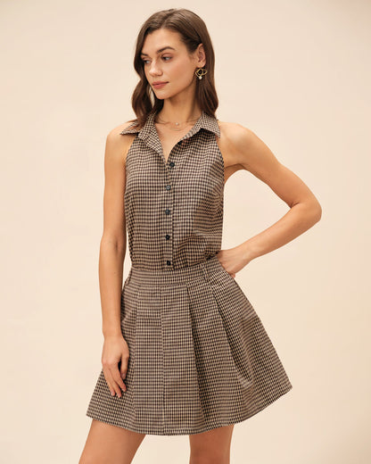 Brown Plaid Ruched Skirt