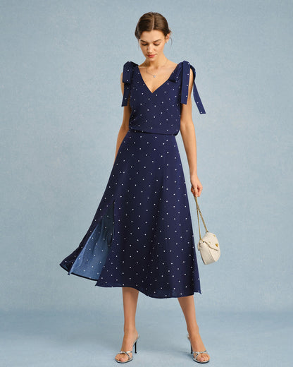 Navy Polka Dot Slit Midi Skirt
