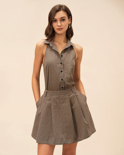 Brown Plaid Ruched Skirt