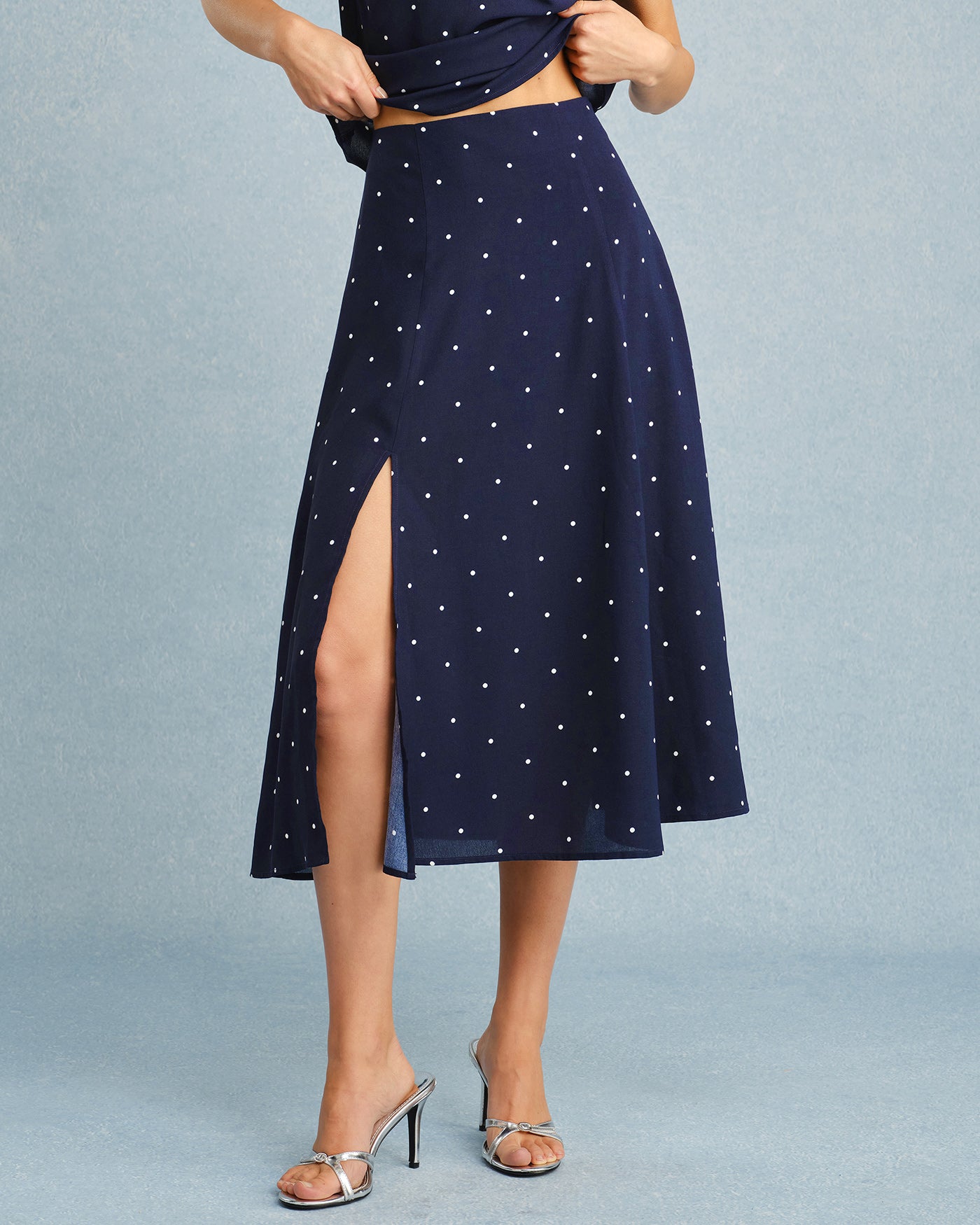 Navy Polka Dot Slit Midi Skirt