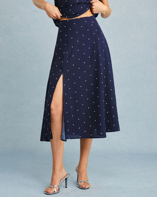 Navy Polka Dot Slit Midi Skirt