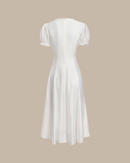 White Puffed Sleeve V Neck Midi Dress